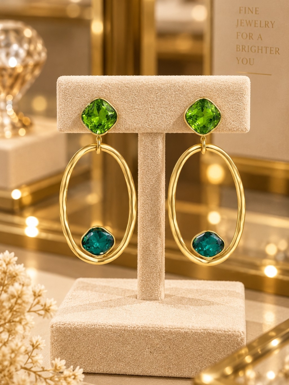 Gold Drop Earrings with Green and Teal Stones